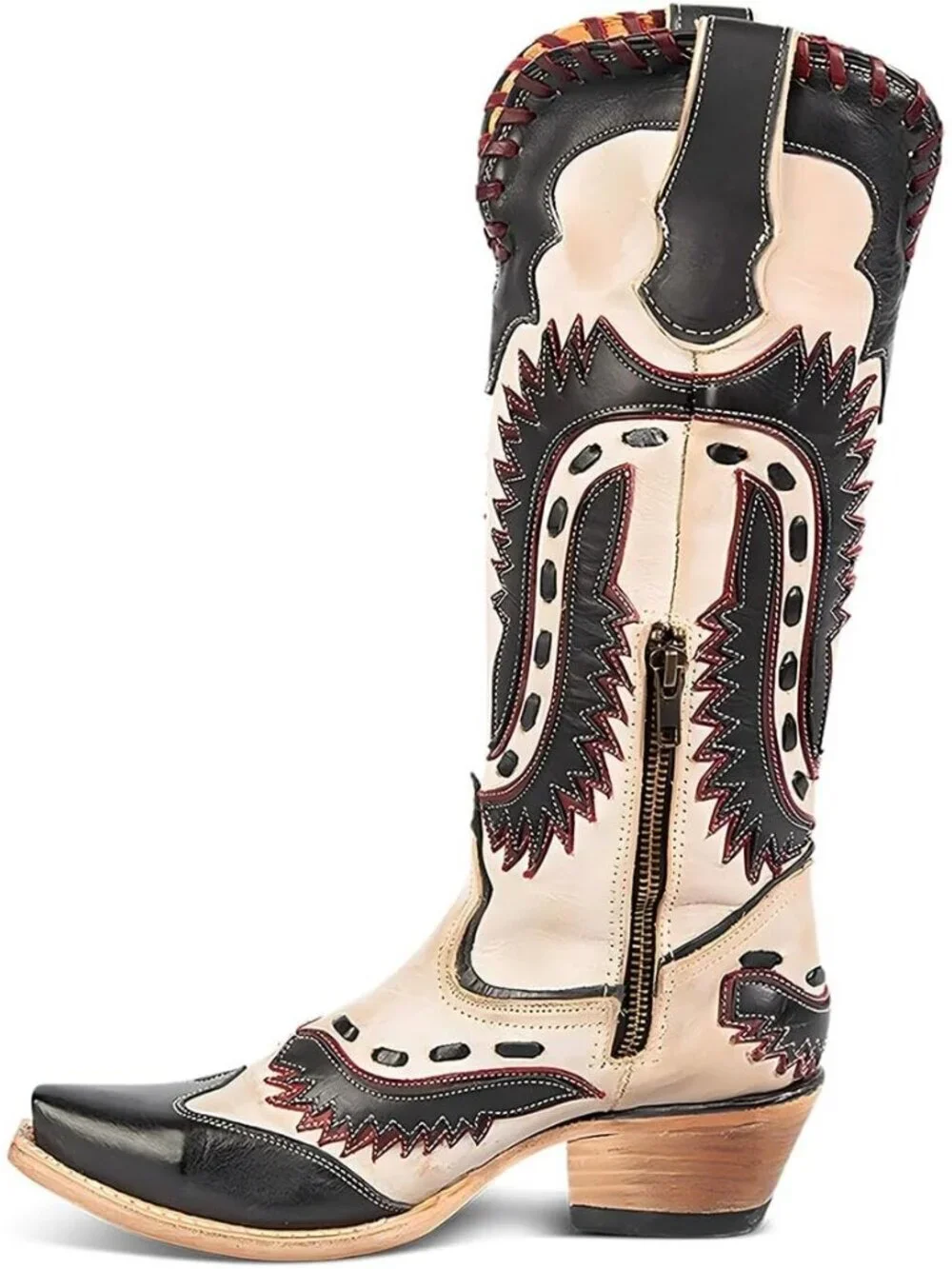 Women's Black Multi Swallow Chunky Low Heels Western Cowboy Knee High Boots